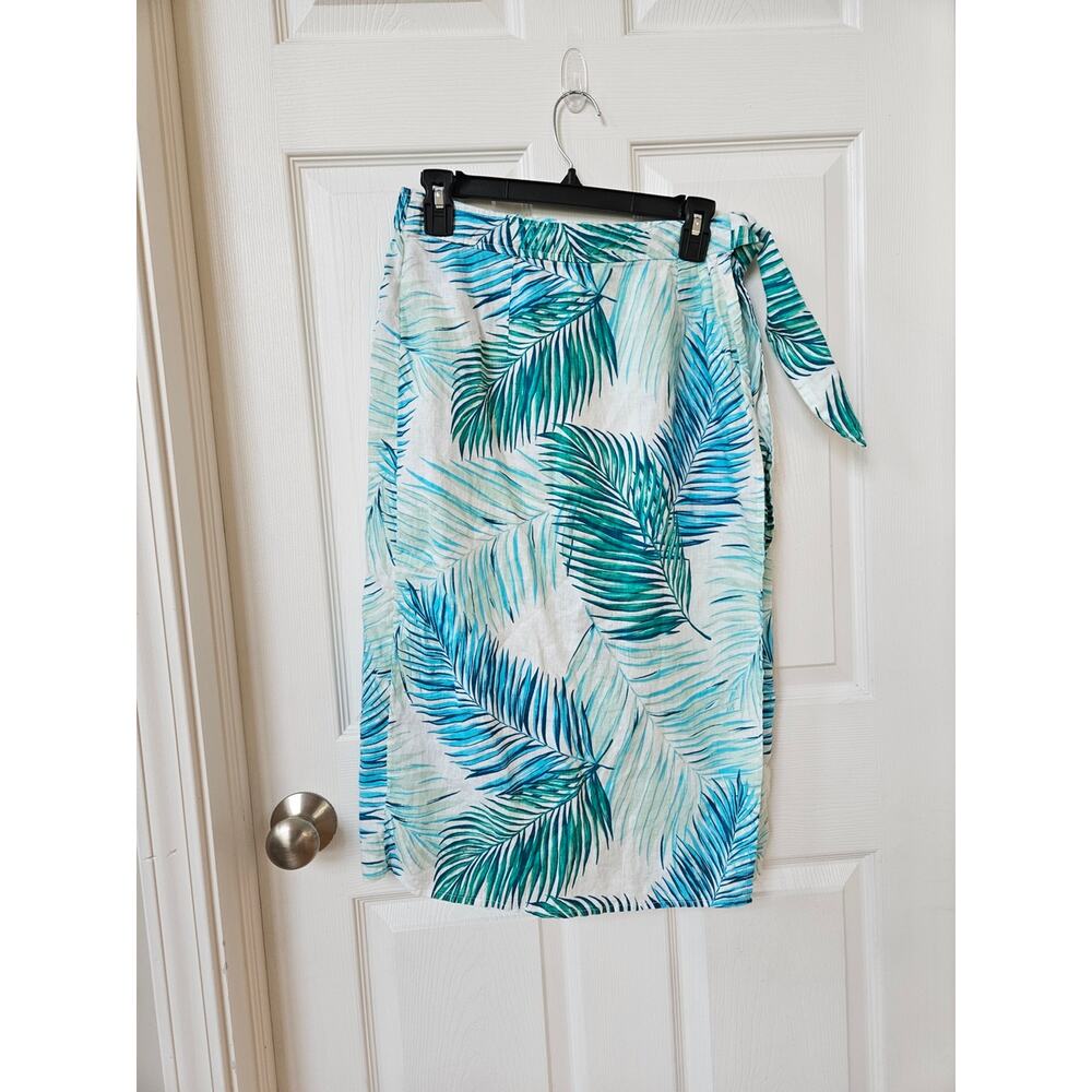 Tahari 100% Linen Wrap Skirt Womens Medium Tropical Palm Print Resort Beach